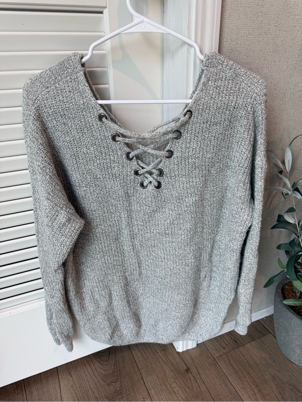 Light Gray Lace-Up V-Neck Women's Sweater
